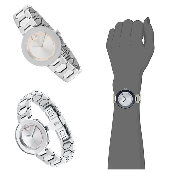 Movado Bold Silver Stainless Steel Watch Rose Gold Dial Quartz 3600381 Gift Box - Picture 3 of 16